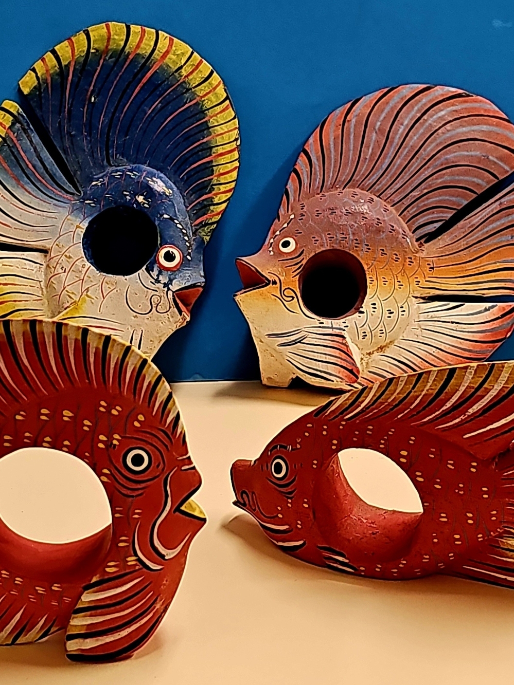Set Of 4 Hand-Painted Wood Fish Napkin Rings — Red, Blue, Orange - Coastal Decor